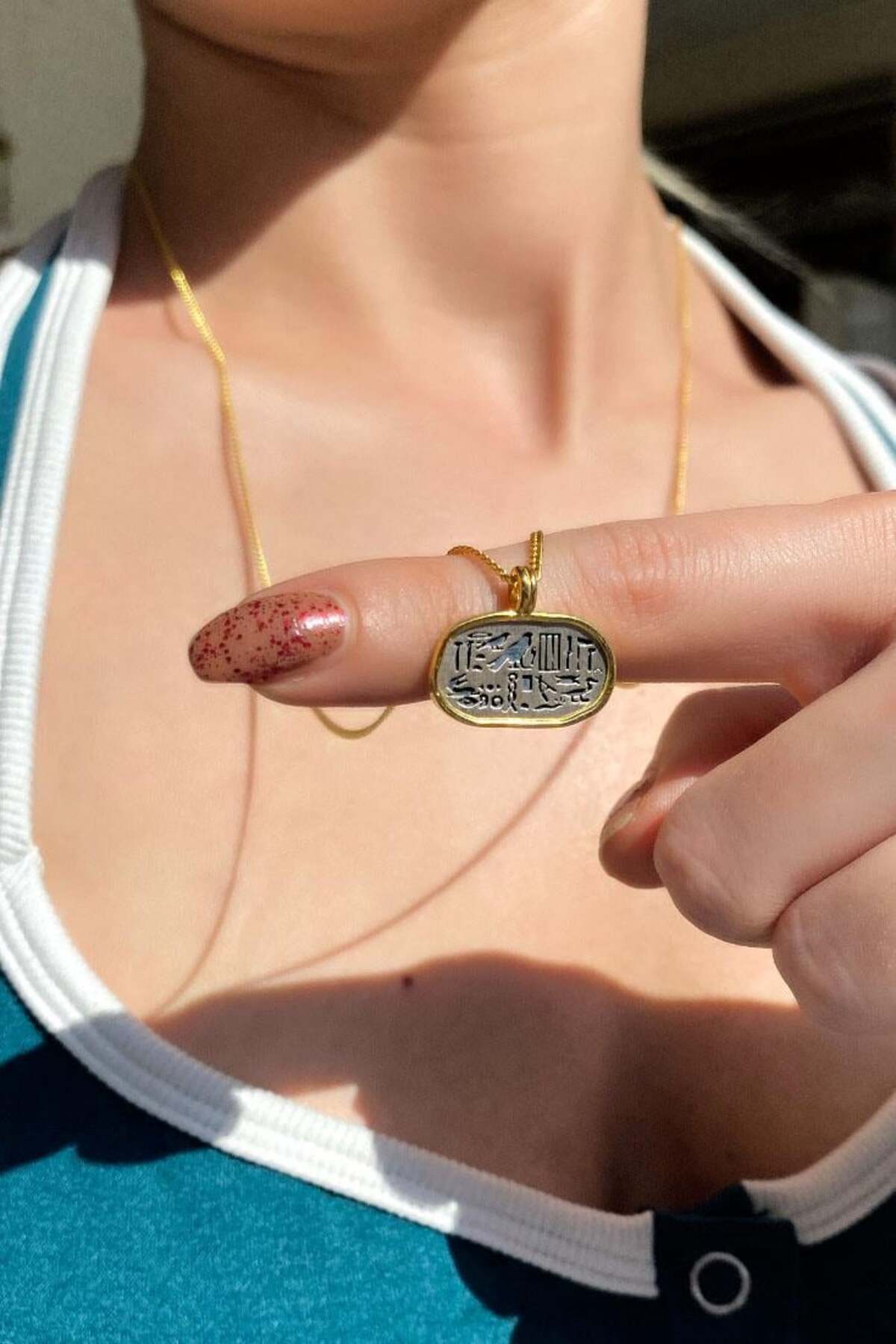 925 Ayar Gümüş, 14 Ayar Gold, Egypt, Antik Mısır, Hiyeroglyph Tılsım Kolye