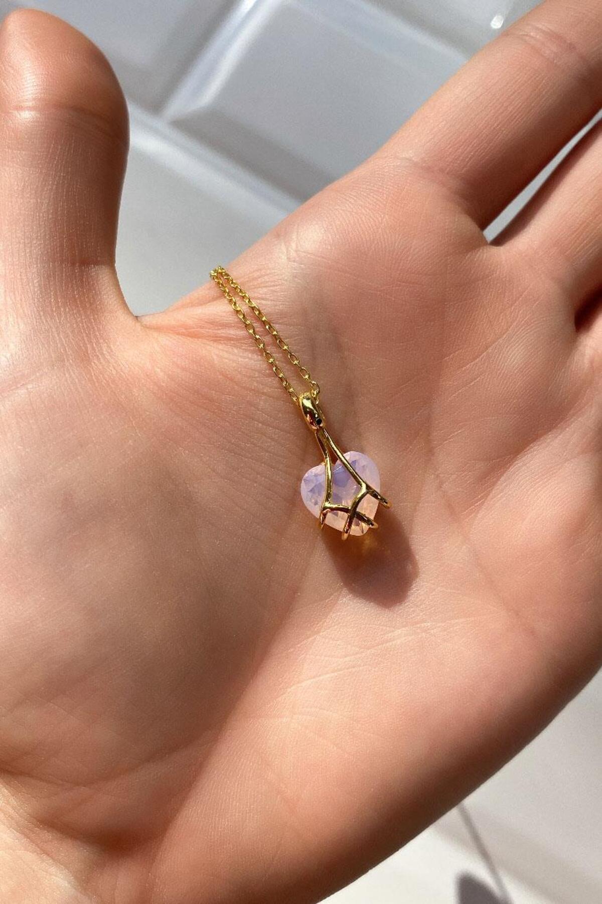 Pembe Taşlı Kalp Kolye