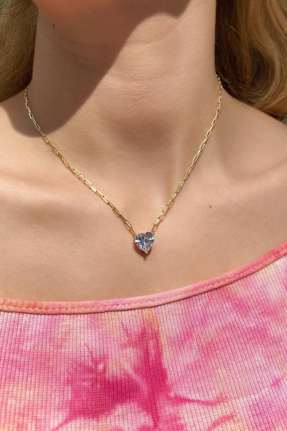 Pembe Taşlı Kalp Choker Kolye