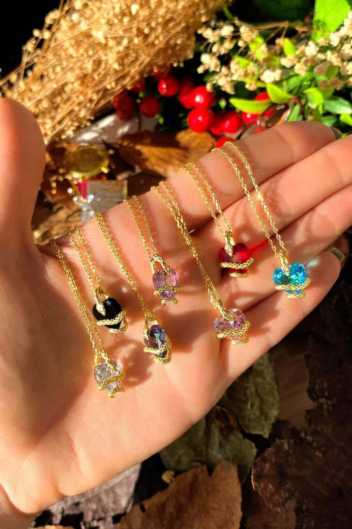 925 Ayar Gümüş, 14 Ayar Gold, Kırmızı Kalpli Yılan Kolye