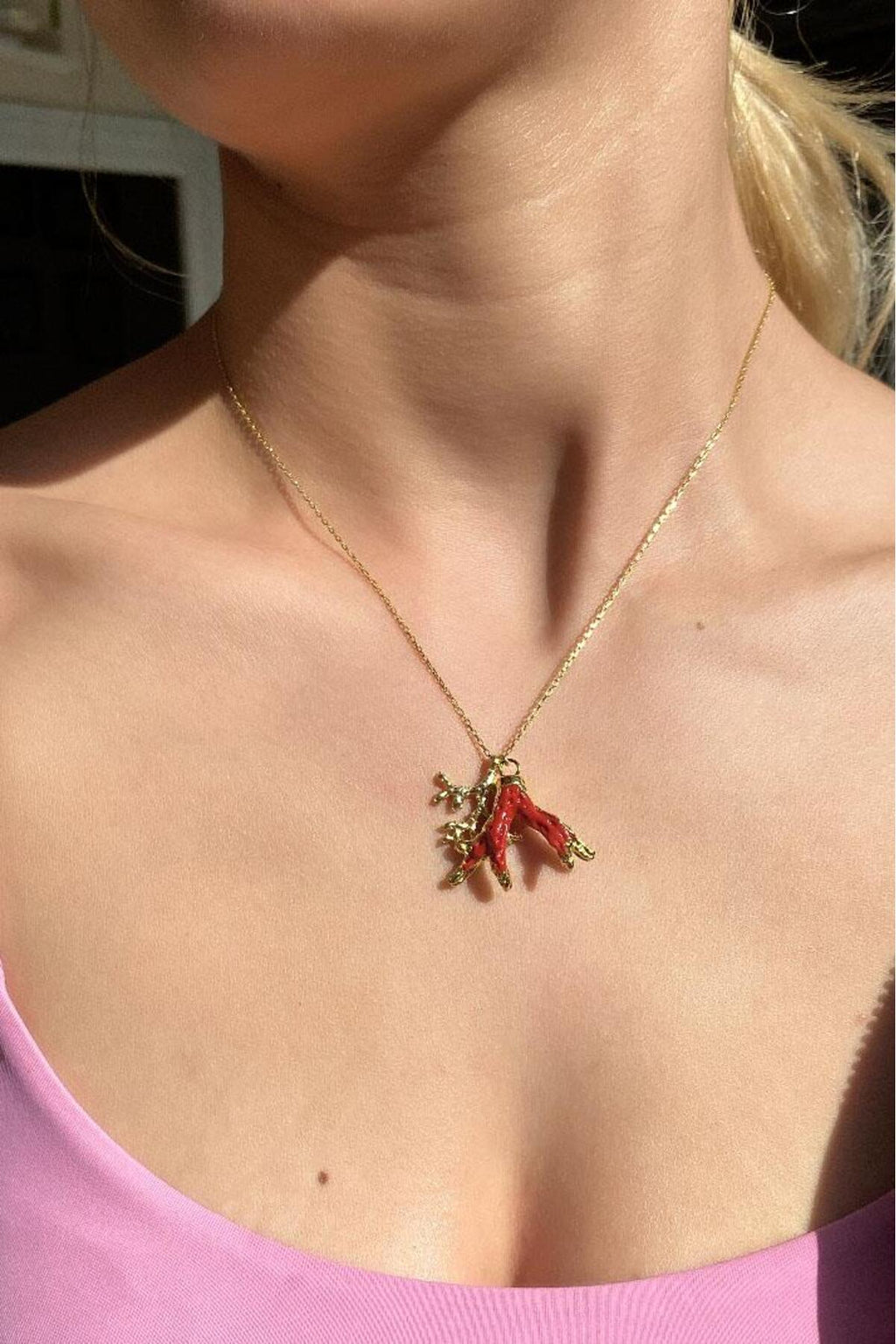 925 Ayar Gümüş, 14 Ayar Gold, Doğal Taşlı, Coral (Mercan) Taşlı, Kolye