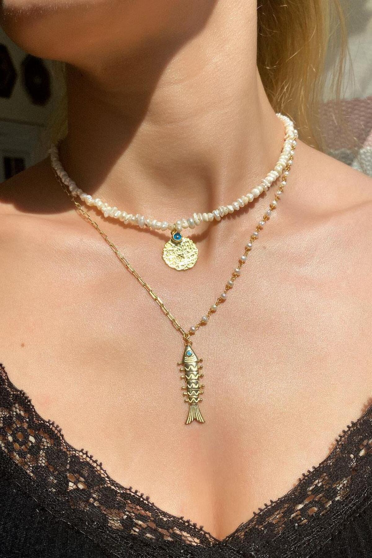 925 Ayar Gümüş, 14 Ayar Gold, Nazar Gözlü Gerçek İnci Choker Kolye