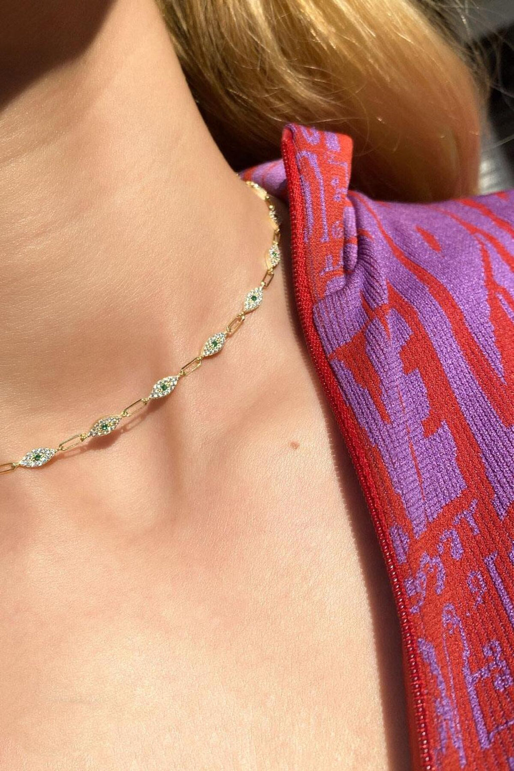 925 Ayar Gümüş, Fuşya Taşlı Göz Choker Kolye