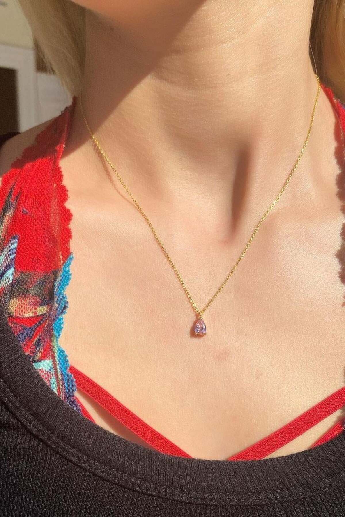 Pembe Taşlı Minimal Damla Kolye