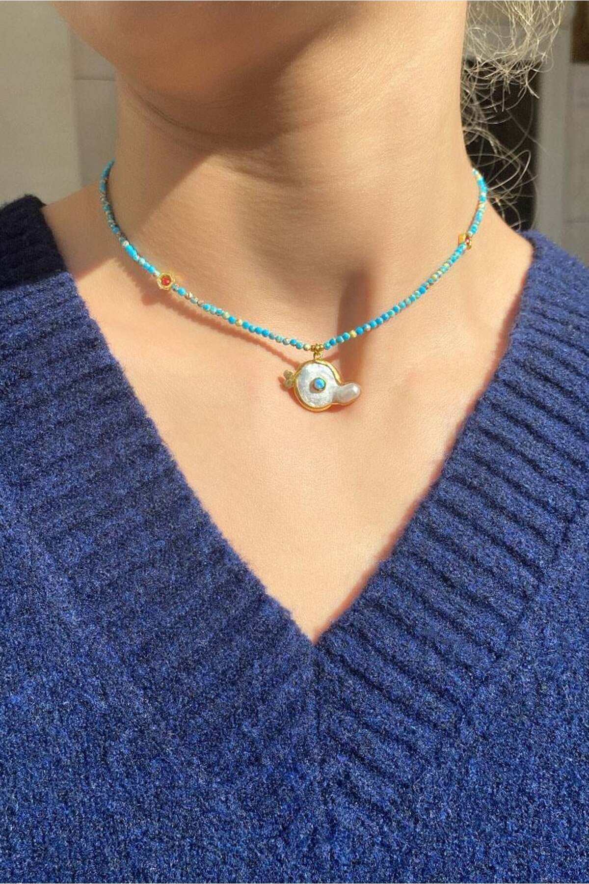 925 Ayar Gümüş, Doğal Firuze Taşlı, Kolye Ucu; Doğal Taş ve Opal Taşlı Choker Kolye