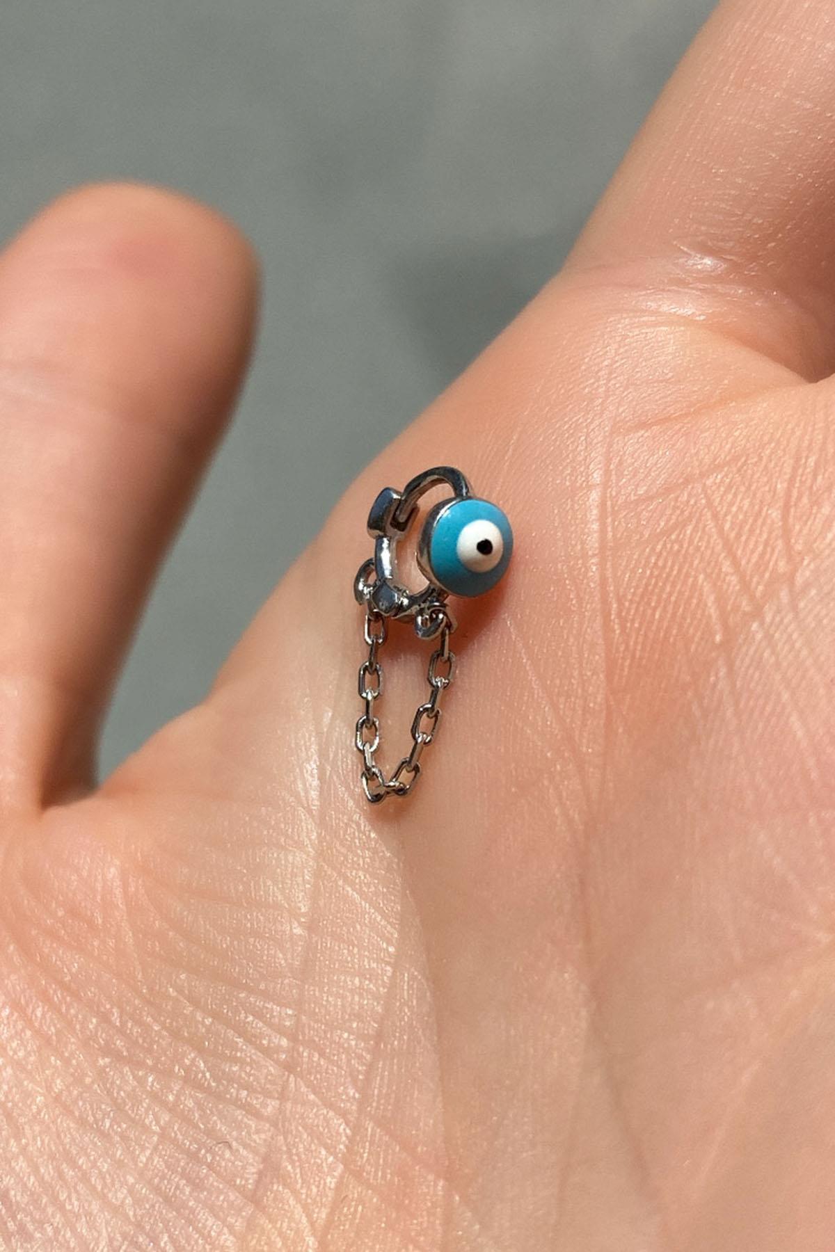 Küçük Boy Mineli Nazar Göz Zincirli Halka Piercing Küpe