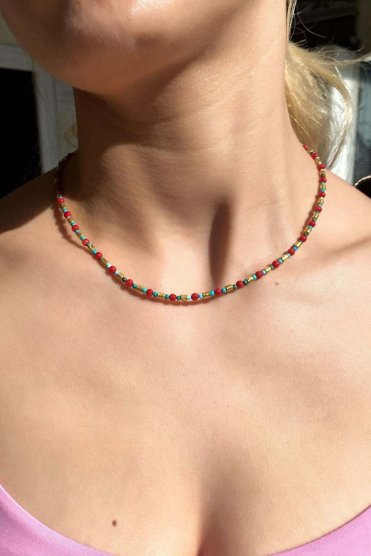 925 Ayar Gümüş, Doğal Taşlı, Araları Kırmızı Akik ve Firuze Taşlı Choker Kolye