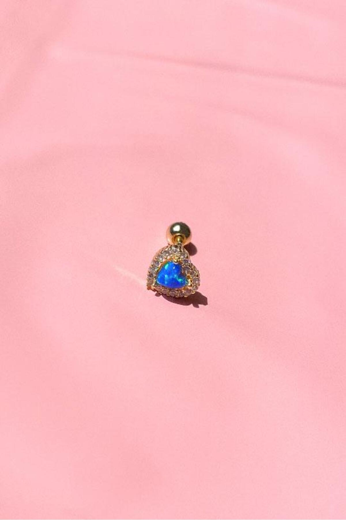 Mavi Opal Taşlı Kalp Piercing Küpe