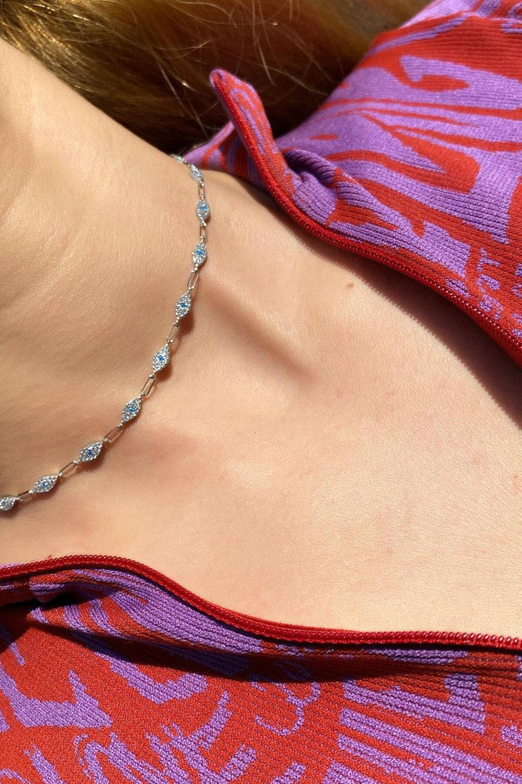 925 Ayar Gümüş, Fuşya Taşlı Göz Choker Kolye
