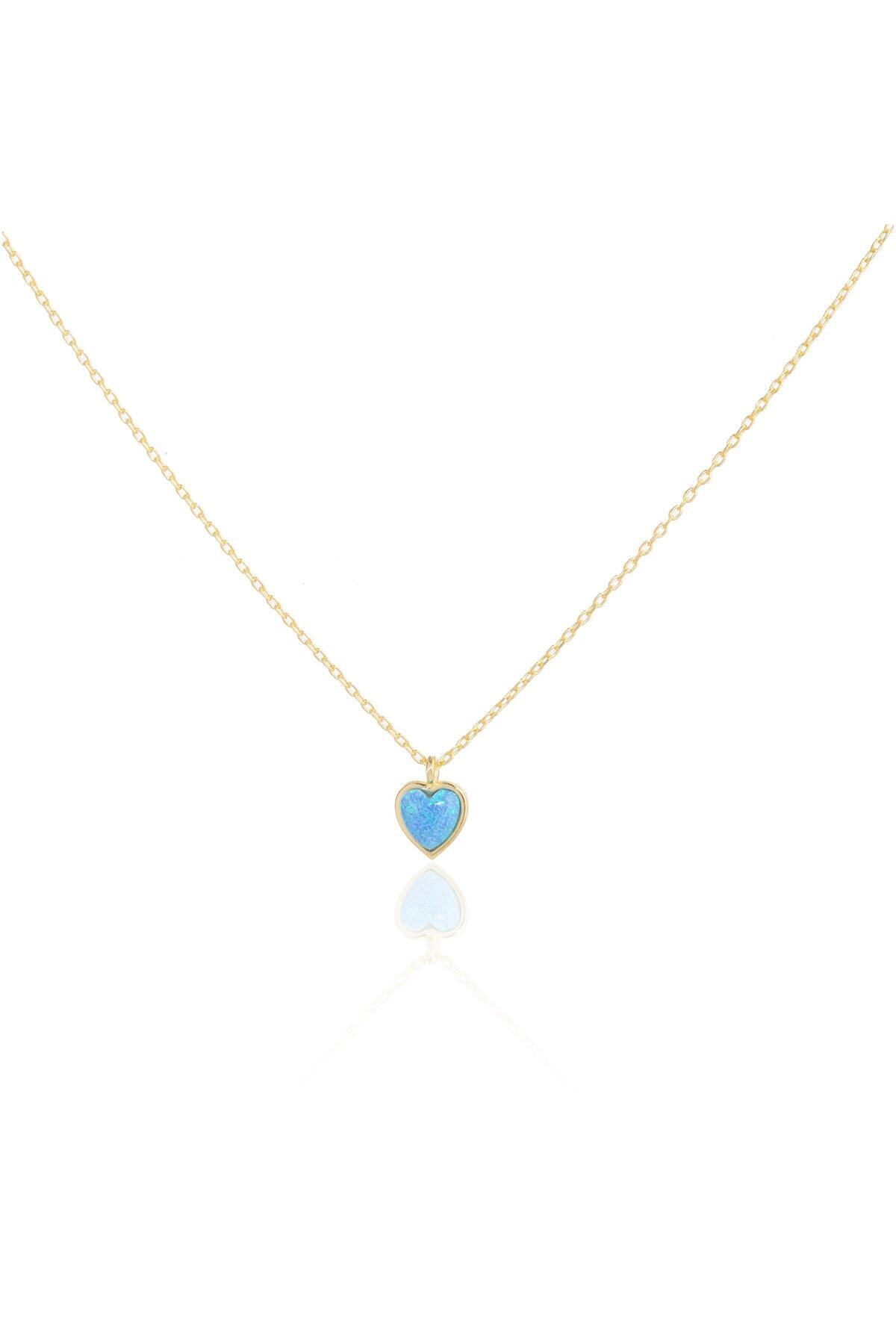 Açık Mavi Opal Taşlı Minimal Kalp Kolye