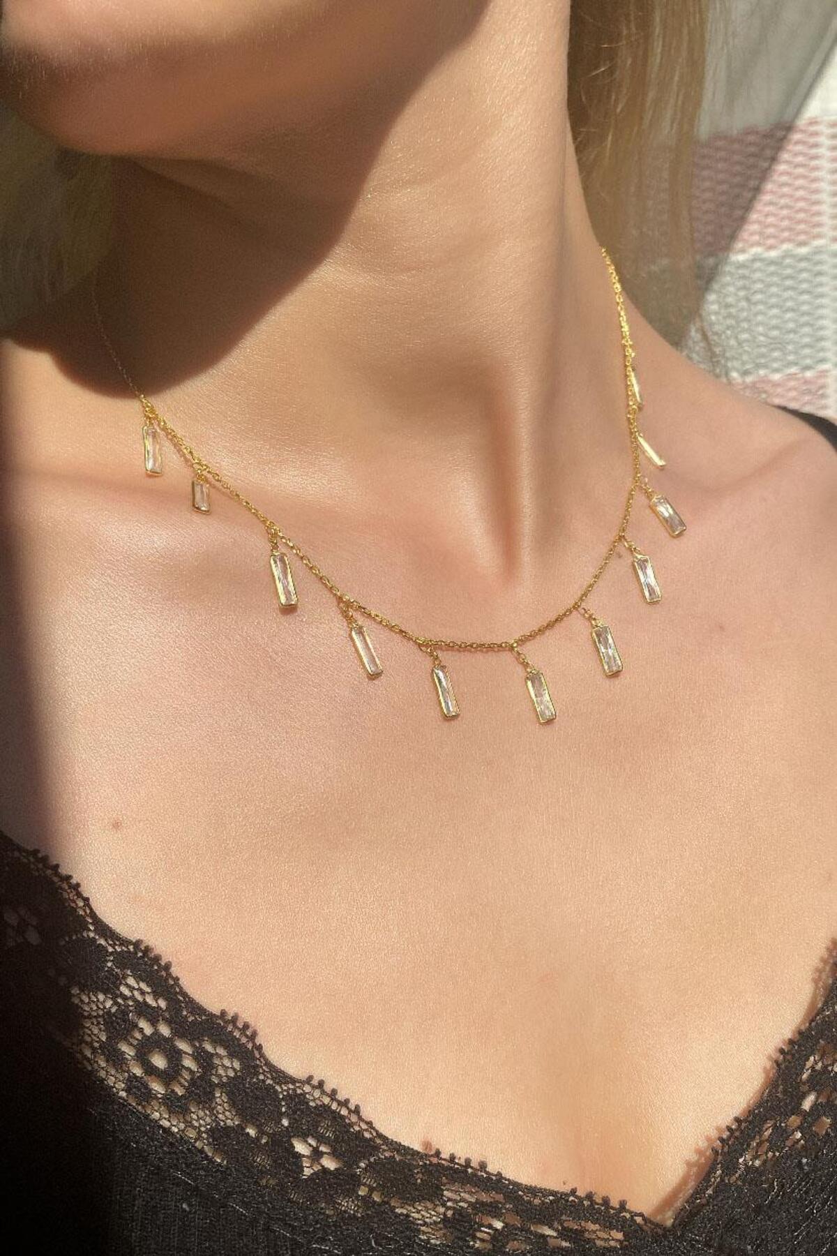 925 Ayar Gümüş, 14 Ayar Gold, Baget Dikdörtgen Taşlı Sallantılı Kolye