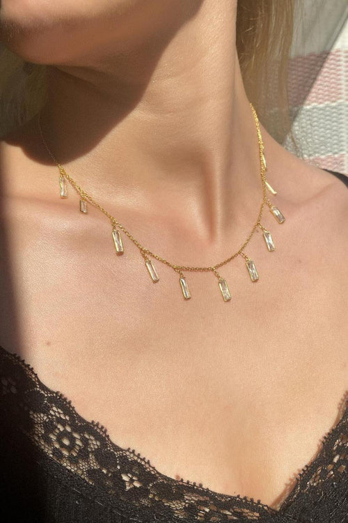 925 Ayar Gümüş, 14 Ayar Gold, Baget Dikdörtgen Taşlı Sallantılı Kolye