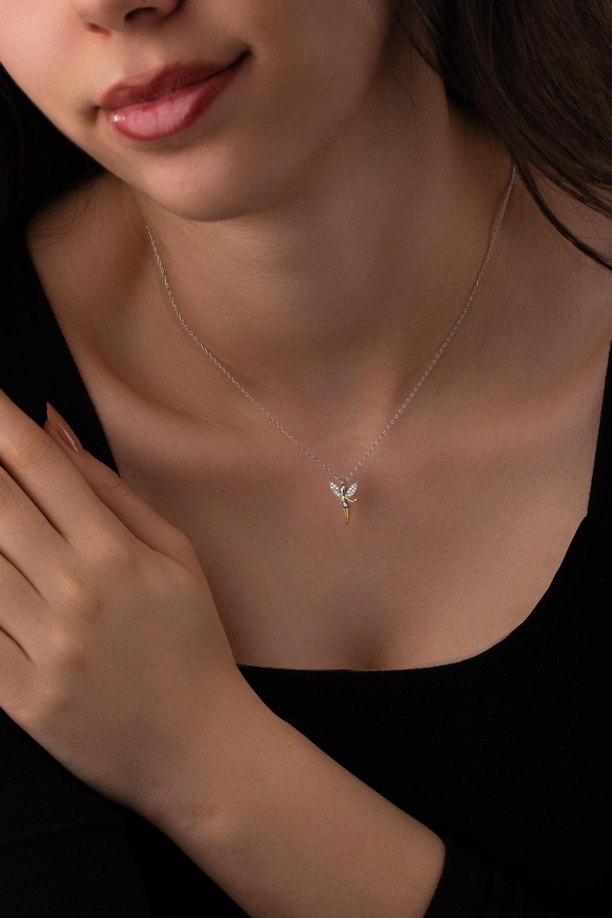 925 Ayar Gümüş, İki Renkli Gold/Silver, Tinker Bell, Peri Kolye, Sevgililer Günü