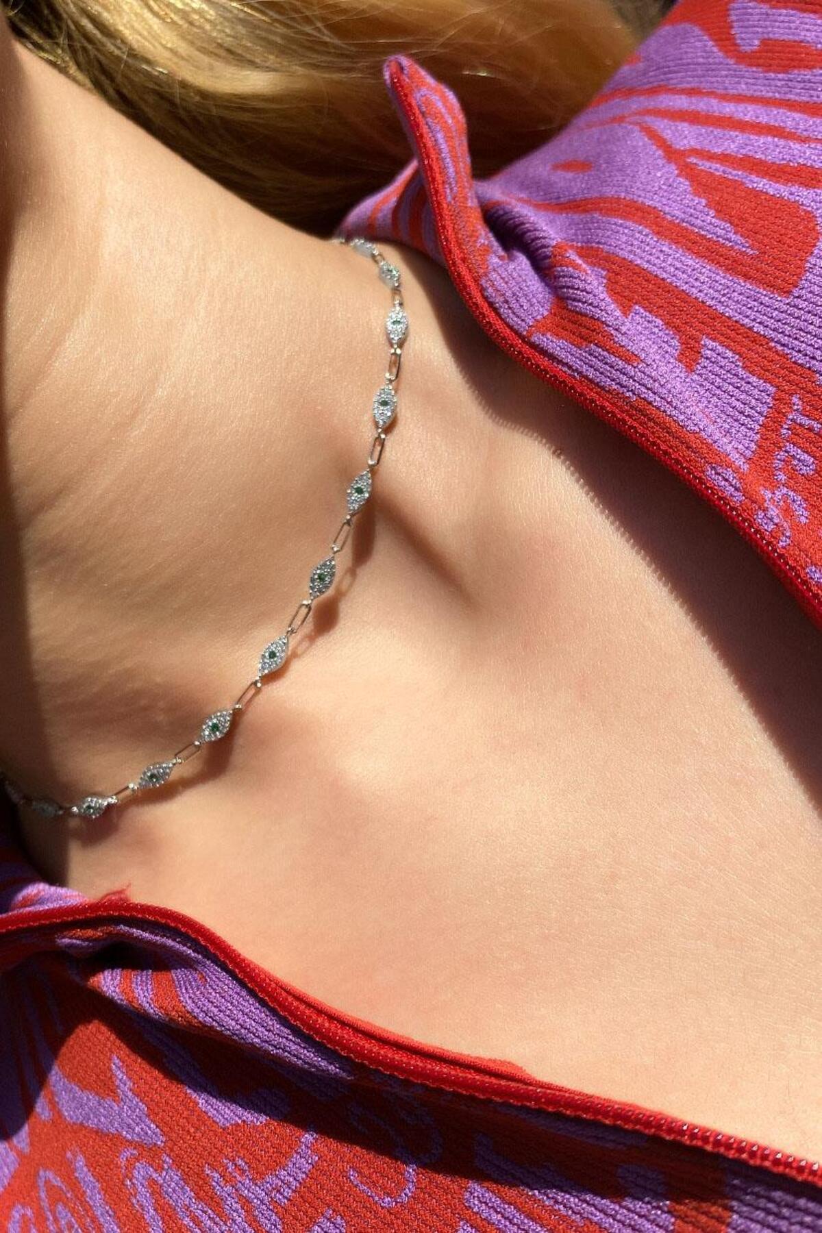 925 Ayar Gümüş, Fuşya Taşlı Göz Choker Kolye