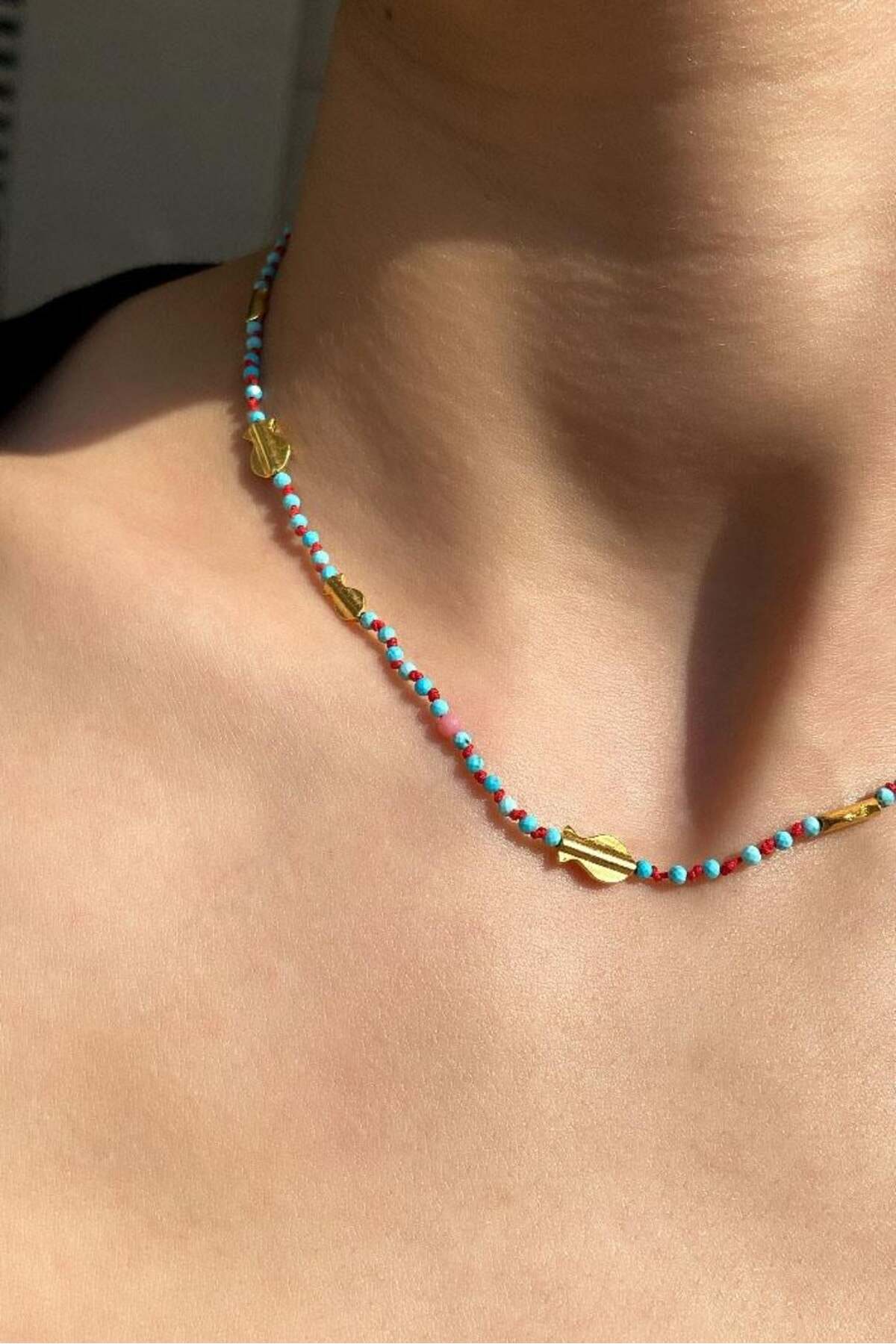 925 Ayar Gümüş, 14 Ayar Gold, Doğal Taşlı, Firuze Taşlı, Balık Choker Kolye