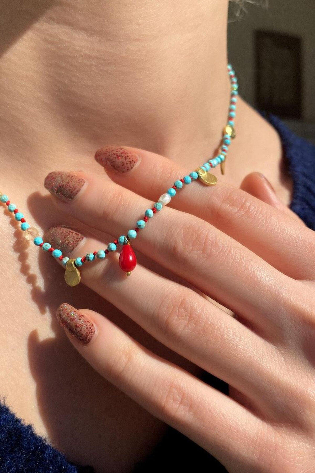 925 Ayar Gümüş, 14 Ayar Gold, Doğal Taşlı, Firuze Taşlı, Red Jasper (Kırmızı Jaspis), Kolye