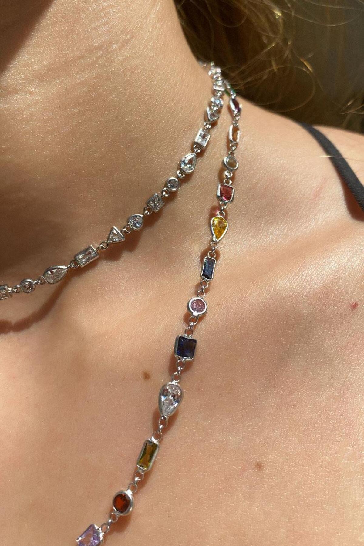 925 Ayar Gümüş, Geometrik Taşlı Choker Kolye