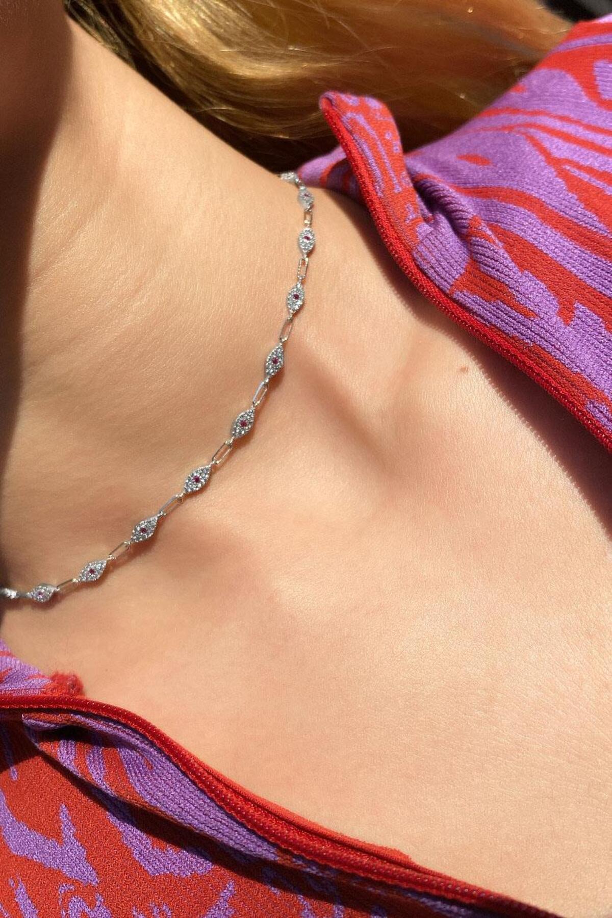 925 Ayar Gümüş, Fuşya Taşlı Göz Choker Kolye