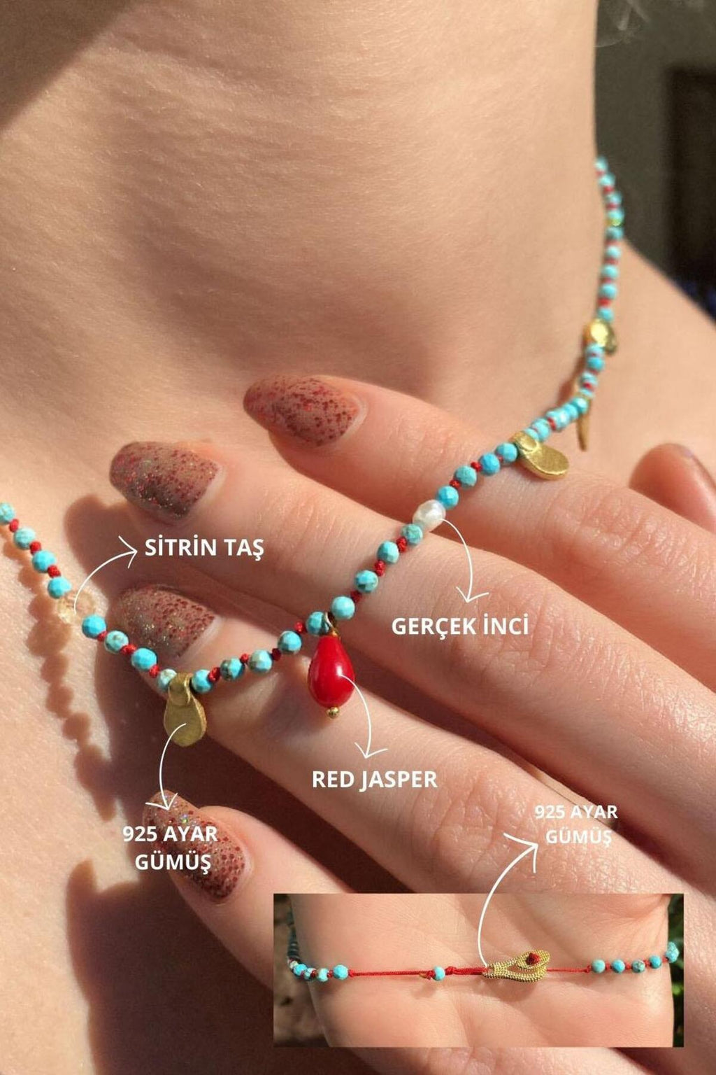 925 Ayar Gümüş, 14 Ayar Gold, Doğal Taşlı, Firuze Taşlı, Red Jasper (Kırmızı Jaspis), Kolye