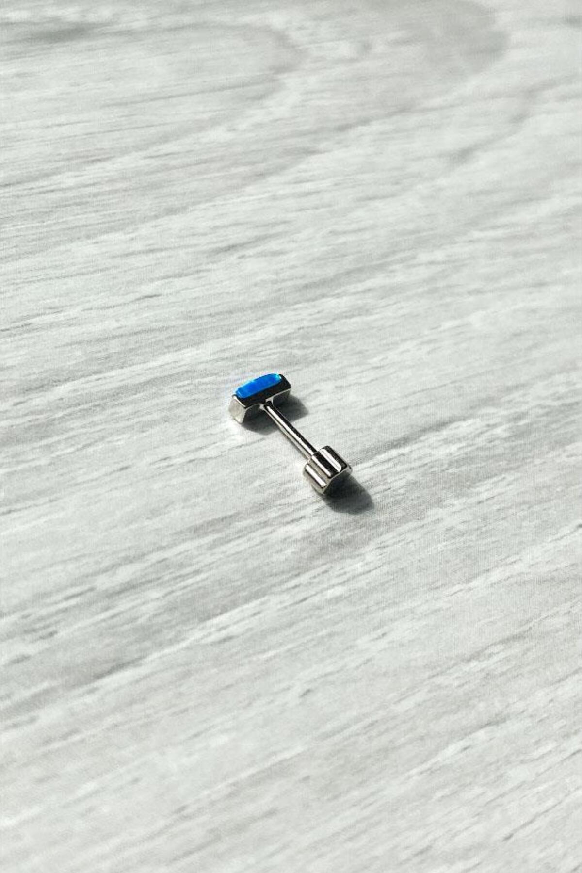 Dikdörtgen Mavi Opal Taşlı Piercing Küpe