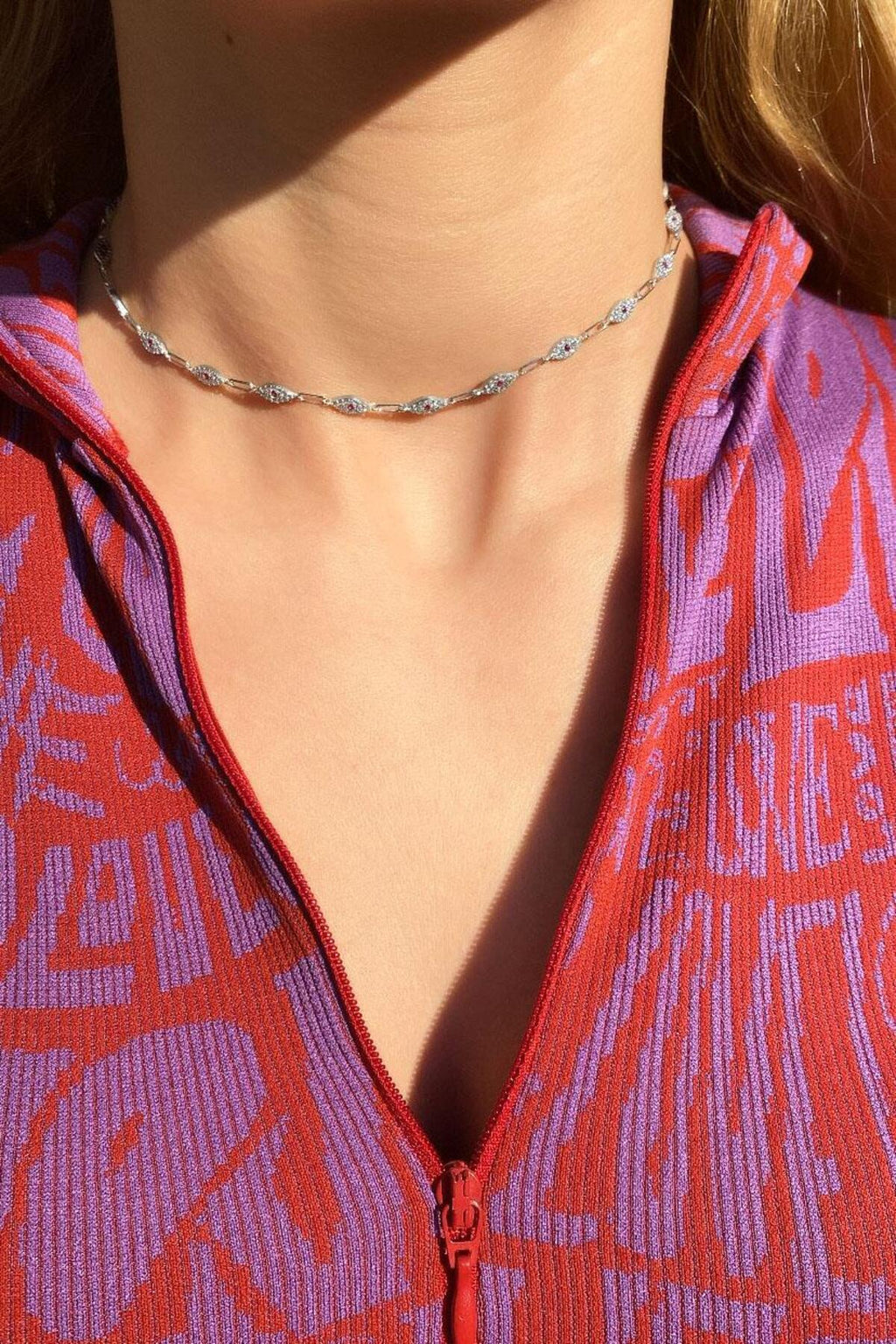 925 Ayar Gümüş, Fuşya Taşlı Göz Choker Kolye