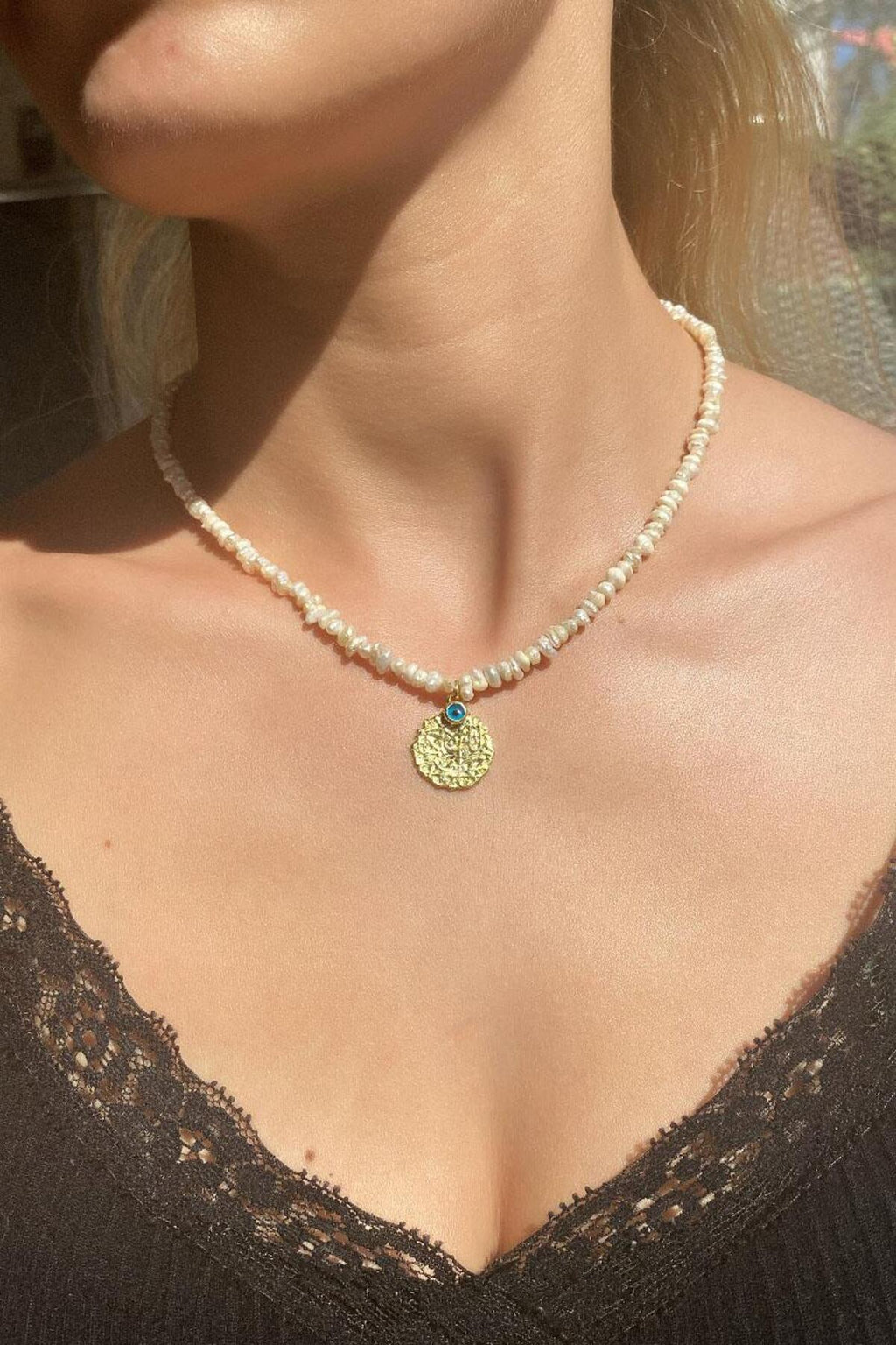 925 Ayar Gümüş, 14 Ayar Gold, Nazar Gözlü Gerçek İnci Choker Kolye