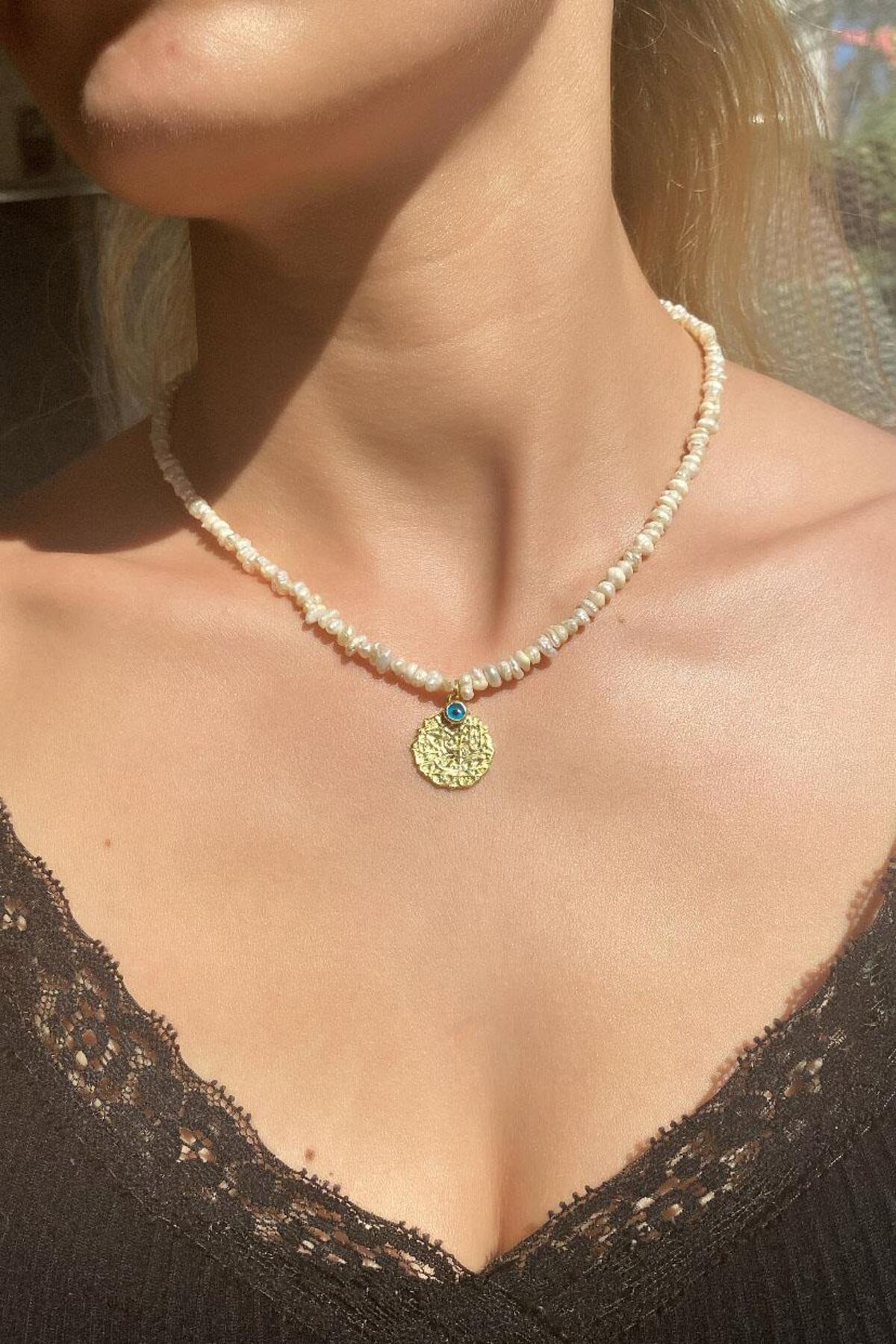925 Ayar Gümüş, 14 Ayar Gold, Nazar Gözlü Gerçek İnci Choker Kolye