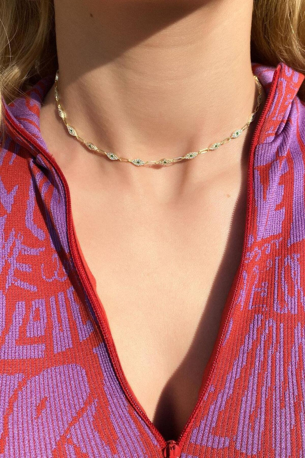 925 Ayar Gümüş, Fuşya Taşlı Göz Choker Kolye