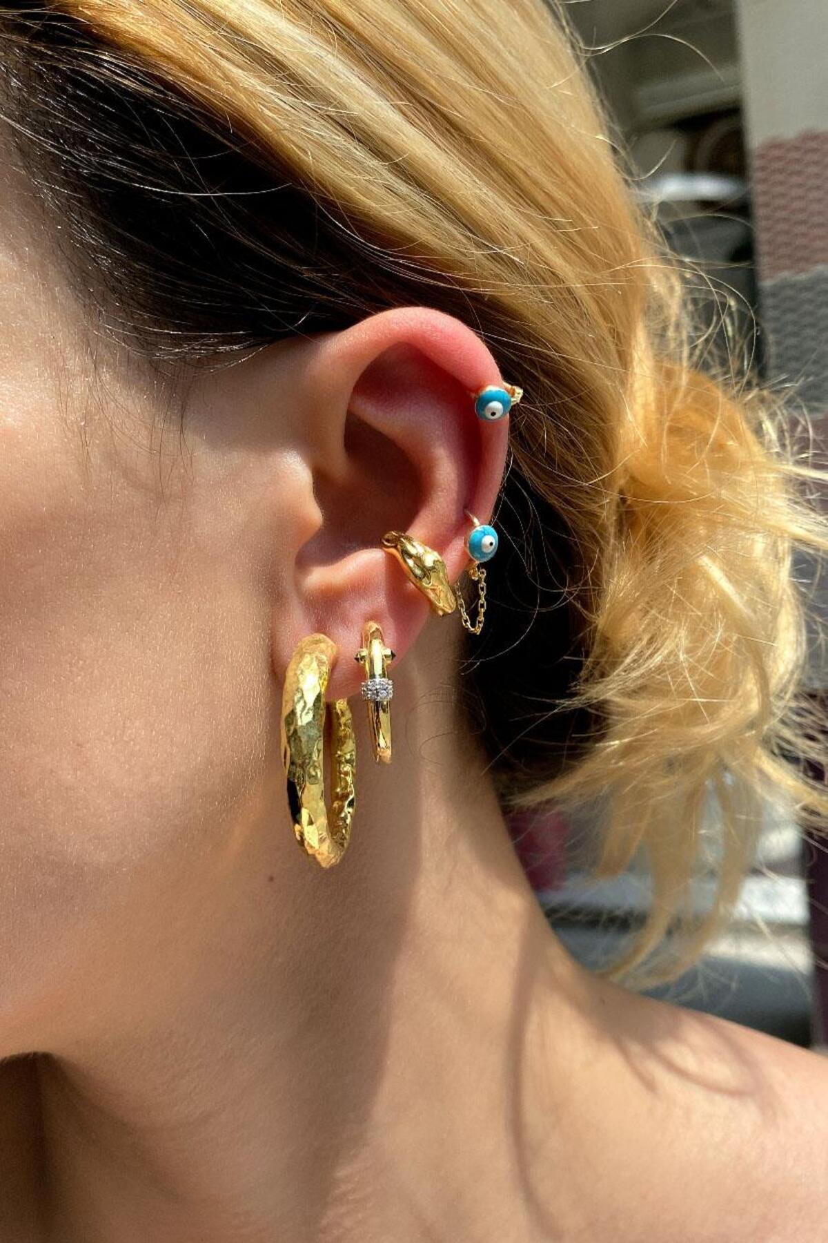 Büyük Boy Mineli Nazar Göz Zincirli Halka Piercing Küpe