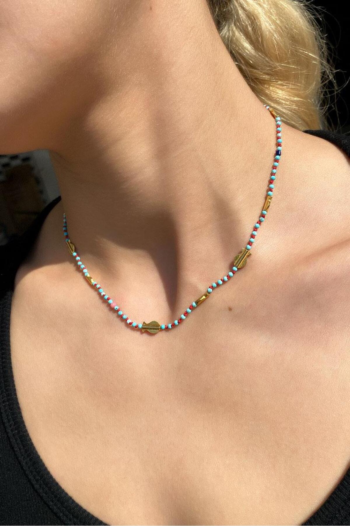 925 Ayar Gümüş, 14 Ayar Gold, Doğal Taşlı, Firuze Taşlı, Balık Choker Kolye