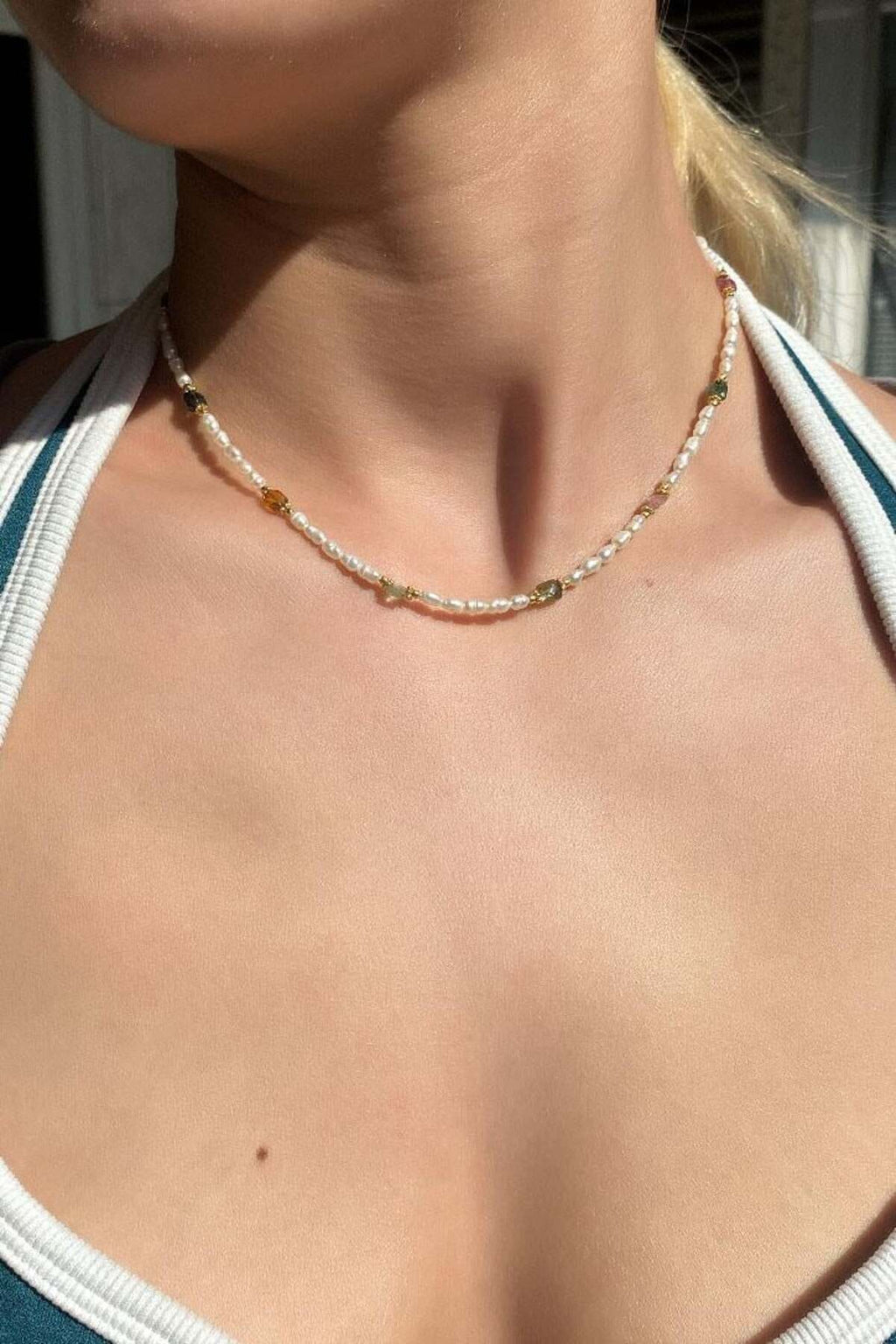 925 Ayar Gümüş, Gerçek İnci, Araları Tourmalin Taşlı Choker Kolye