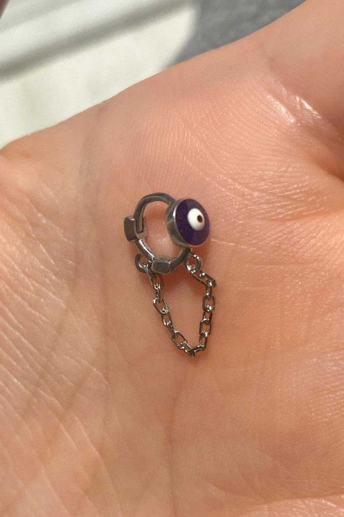 Küçük Boy Mineli Nazar Göz Zincirli Halka Piercing Küpe