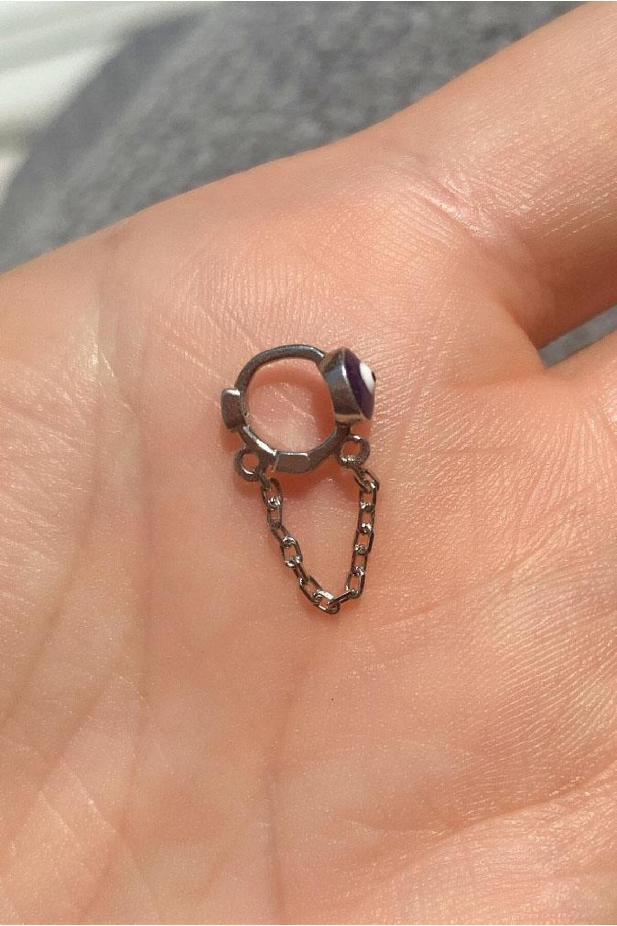 Küçük Boy Mineli Nazar Göz Zincirli Halka Piercing Küpe