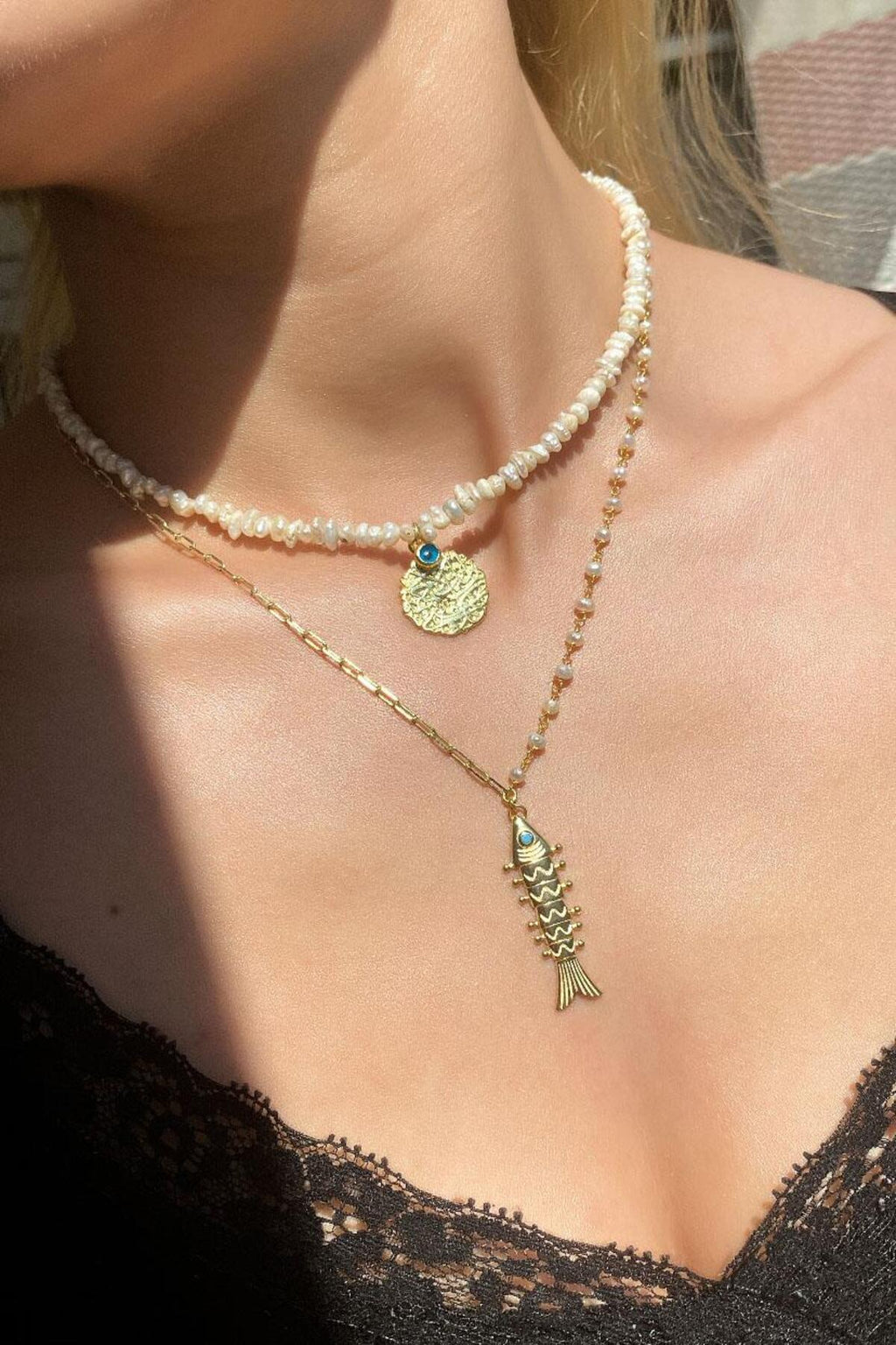 925 Ayar Gümüş, 14 Ayar Gold, Nazar Gözlü Gerçek İnci Choker Kolye