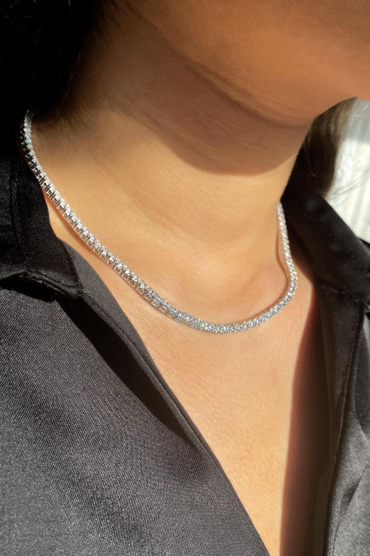 3mm +A Kalite Zirkon Taşlı, Pırlanta Kilit Su Yolu Kolye