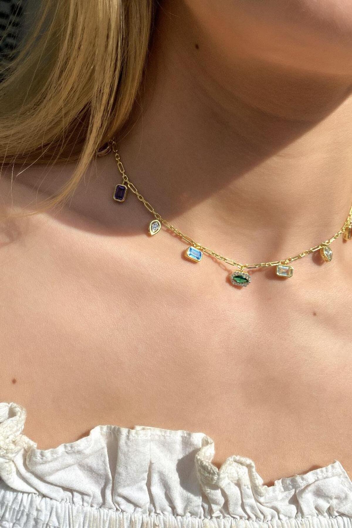 925 Ayar Gümüş, 14 Ayar Gold, Mix/Renkli Baget Taşlı Choker Kolye
