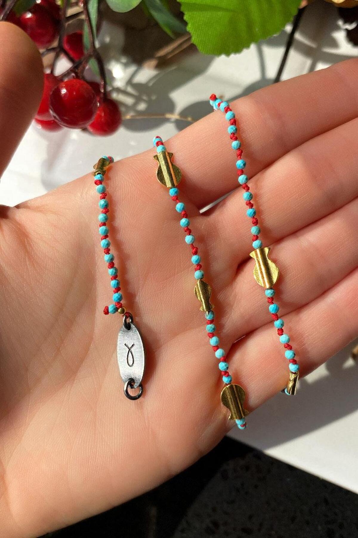 925 Ayar Gümüş, 14 Ayar Gold, Doğal Taşlı, Firuze Taşlı, Balık Choker Kolye
