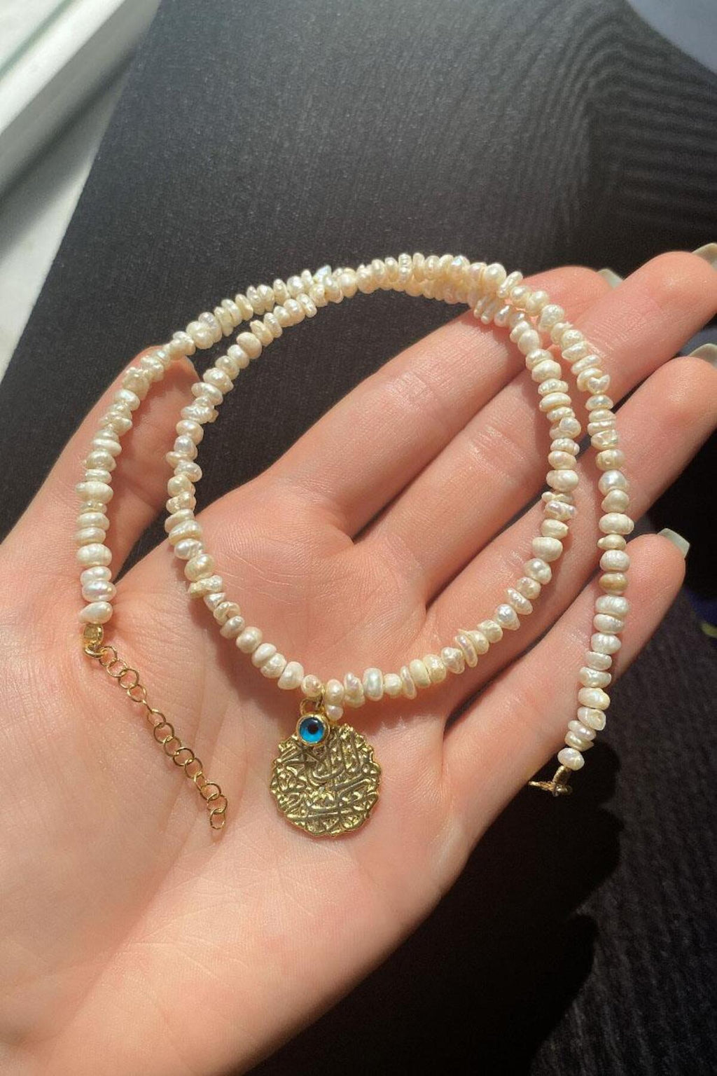 925 Ayar Gümüş, 14 Ayar Gold, Nazar Gözlü Gerçek İnci Choker Kolye