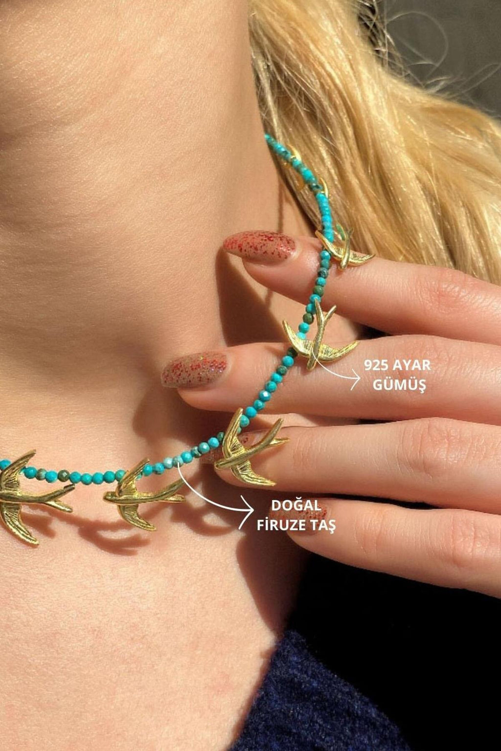 925 Ayar Gümüş, 14 Ayar Gold, Doğal Taşlı, Akik Taş, Kuş Choker Kolye