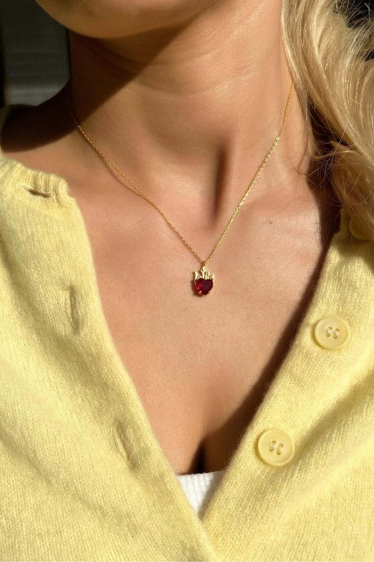 925 Ayar Gümüş, 14 Ayar Gold, Beyaz Taşlı Alev Kalpli Kolye, Sevgililer Günü