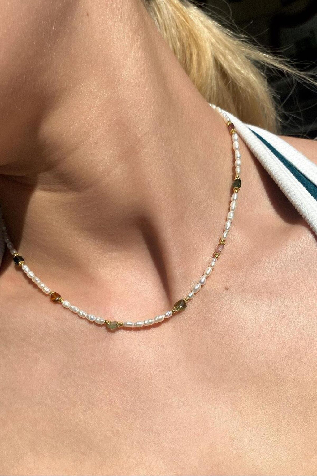 925 Ayar Gümüş, Gerçek İnci, Araları Tourmalin Taşlı Choker Kolye
