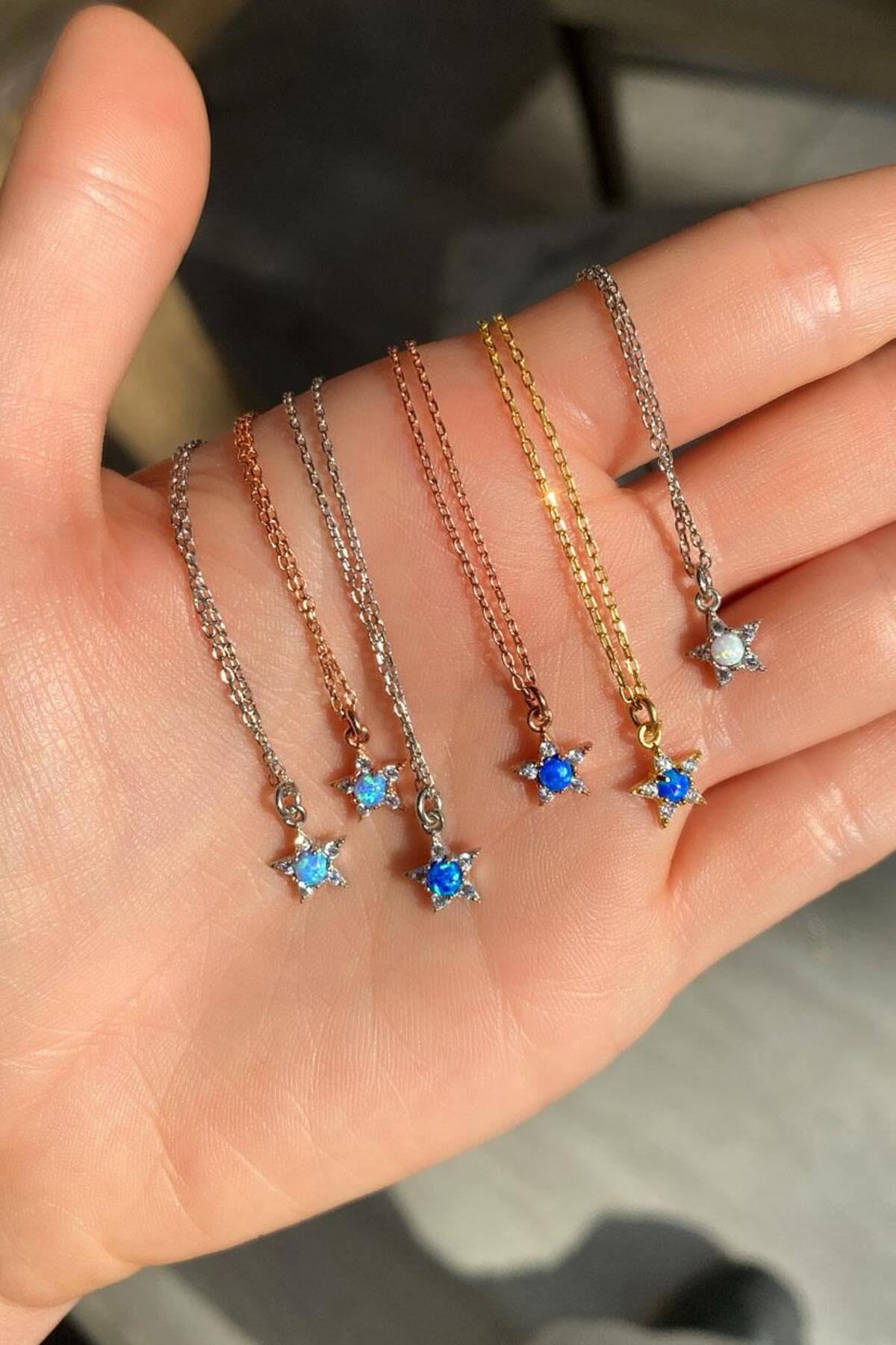 Mavi Opal Taşlı Minimal Yıldız Kolye