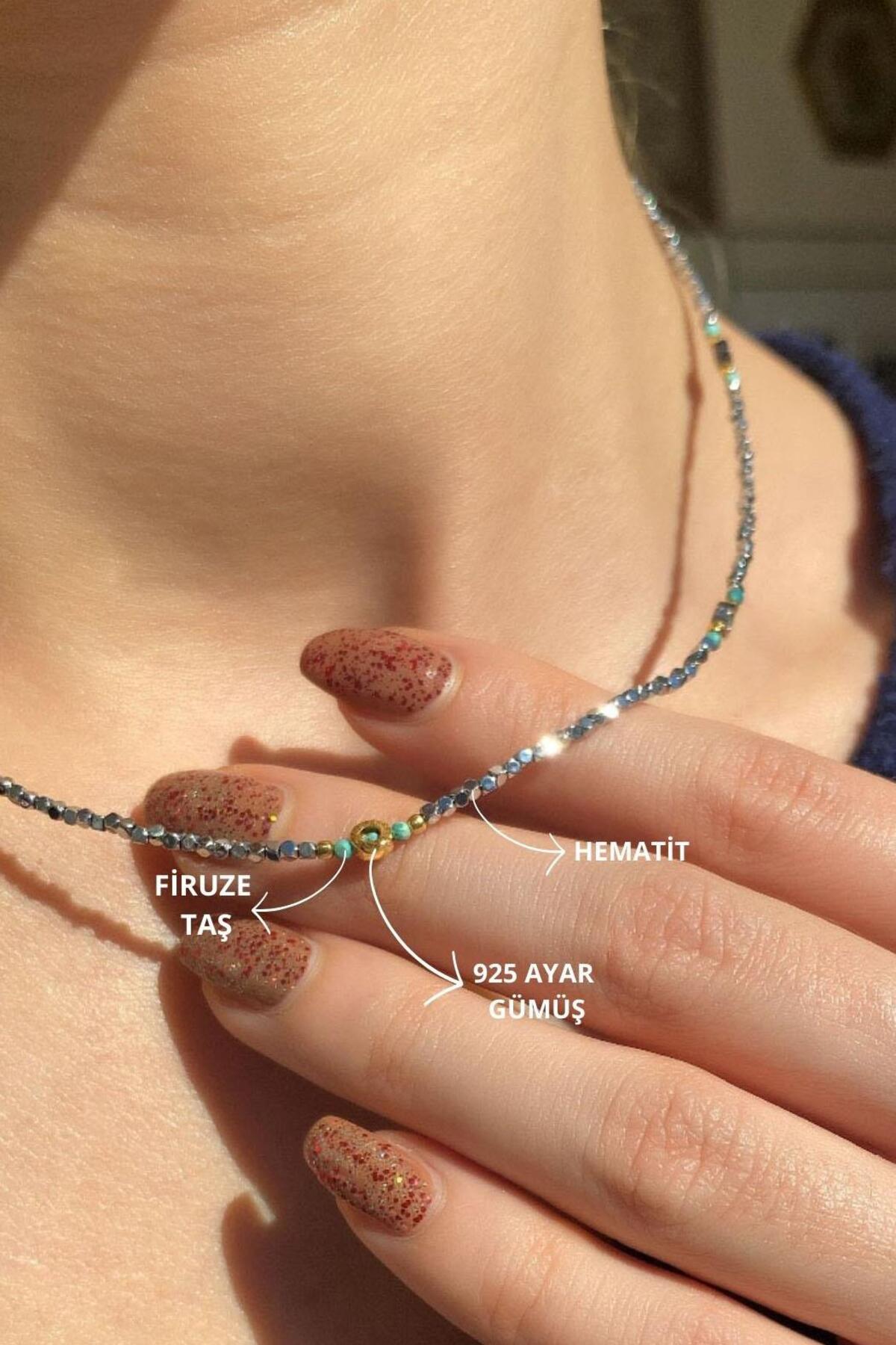 925 Ayar Gümüş, Hematit Taşlı, Minimal Yuvarlak Tasarımlı Kolye