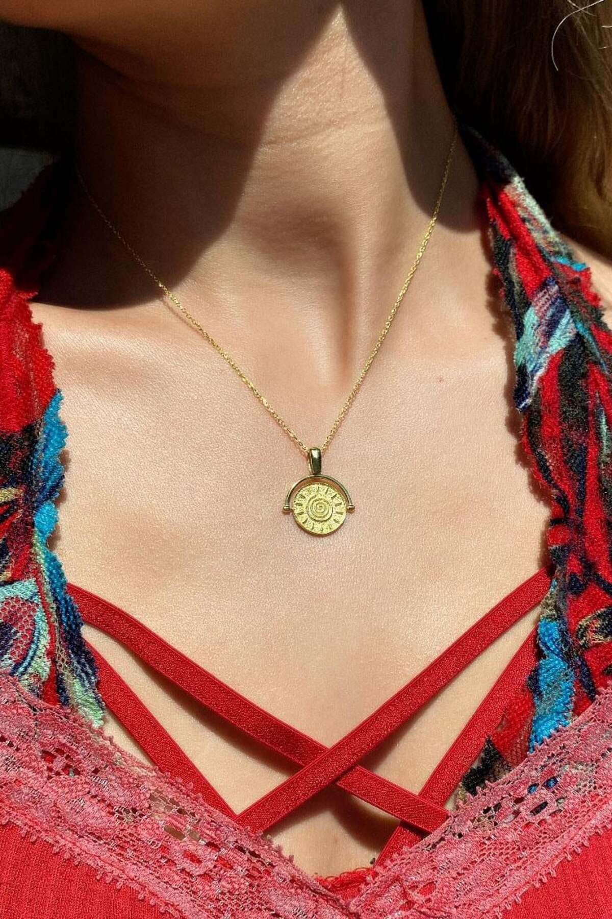 925 Ayar Gümüş, 14 Ayar Gold, Haraketli/Dönen Güneş Kolye
