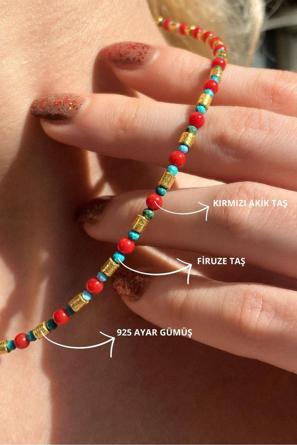 925 Ayar Gümüş, Doğal Taşlı, Araları Kırmızı Akik ve Firuze Taşlı Choker Kolye