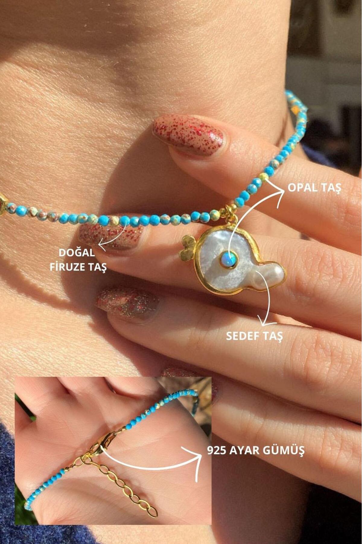 925 Ayar Gümüş, Doğal Firuze Taşlı, Kolye Ucu; Doğal Taş ve Opal Taşlı Choker Kolye