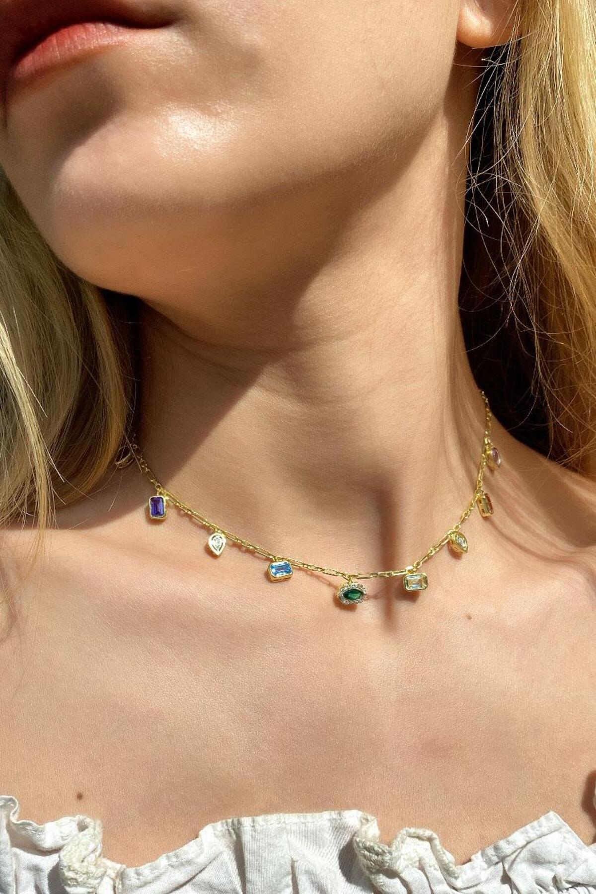 925 Ayar Gümüş, 14 Ayar Gold, Mix/Renkli Baget Taşlı Choker Kolye