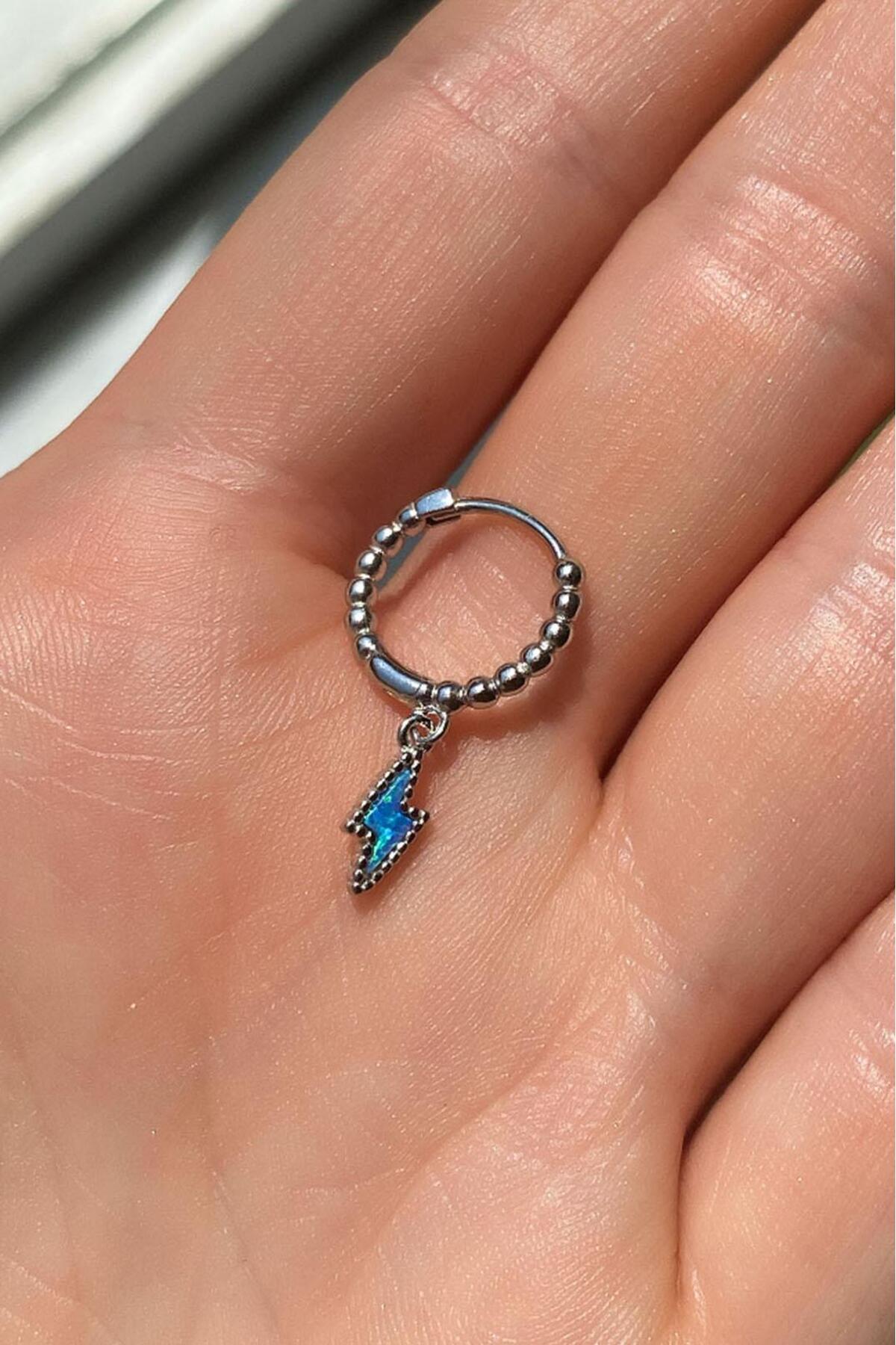 Tekli, Şimşek Mavi Opal Taşlı Piercing Küpe