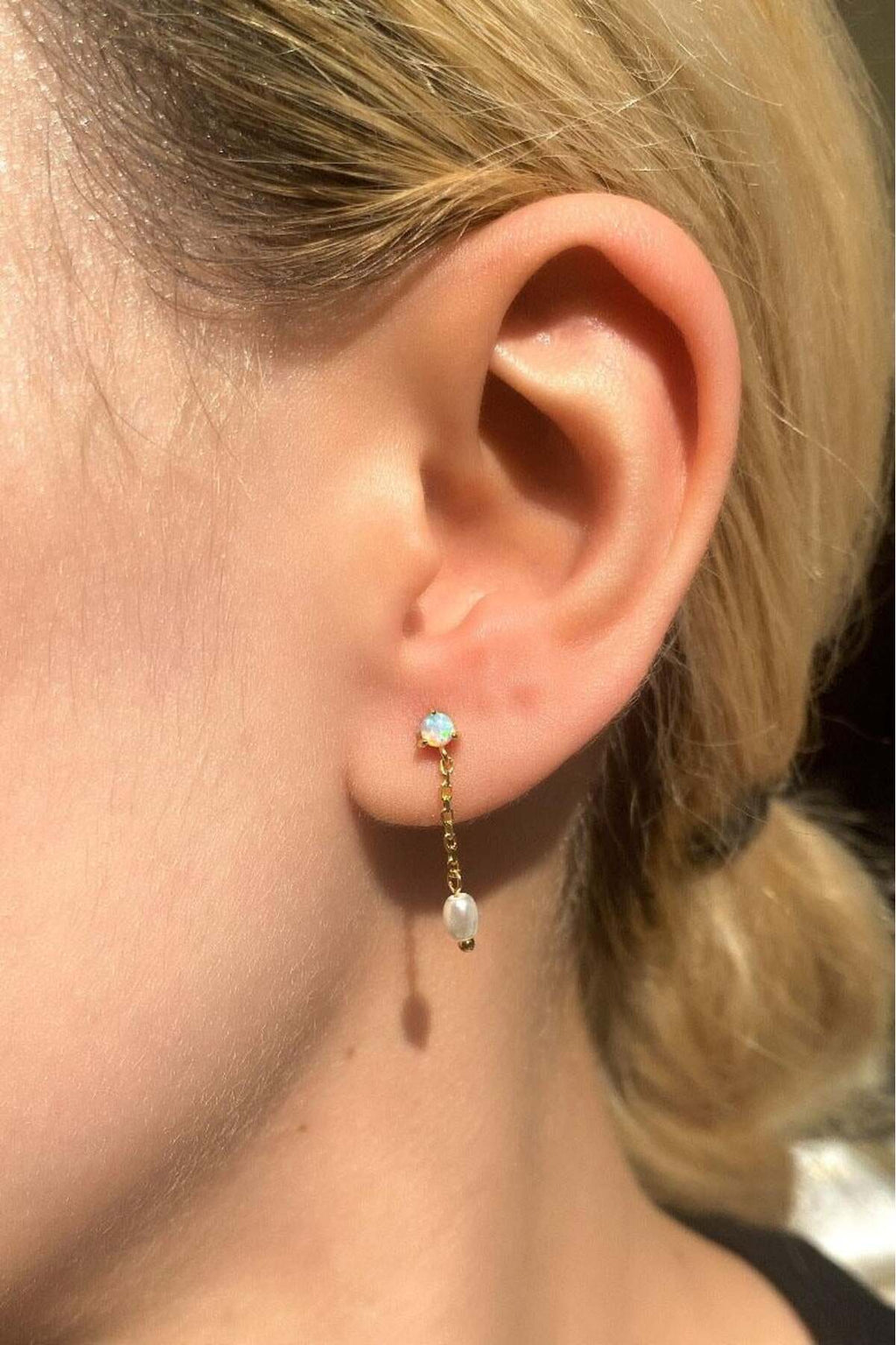 Opal Taşlı, İnci Sallantılı Minimal Küpe