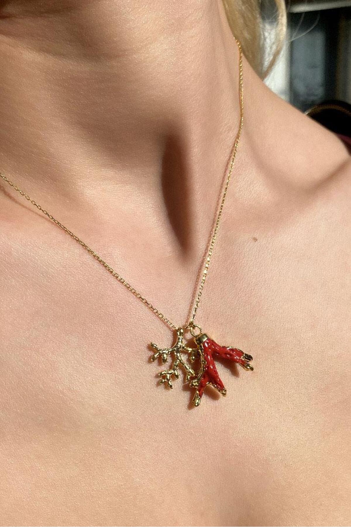 925 Ayar Gümüş, 14 Ayar Gold, Doğal Taşlı, Coral (Mercan) Taşlı, Kolye